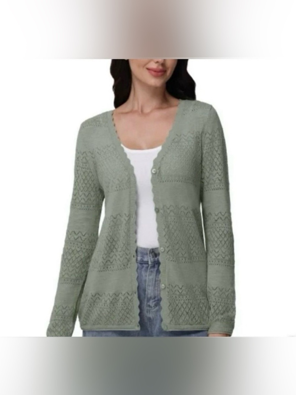 FRYE Cottagecore Pointelle Knit Cardigan Seagrass Green